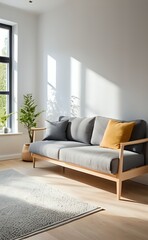 Fototapeta premium Elegant Japandi Sofa Bathed in Sunlight with a Striking Yellow Accent.