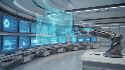 Naklejka premium Advanced Robotic Arm Interacting with a Holographic AI Interface in a Futuristic Control Room