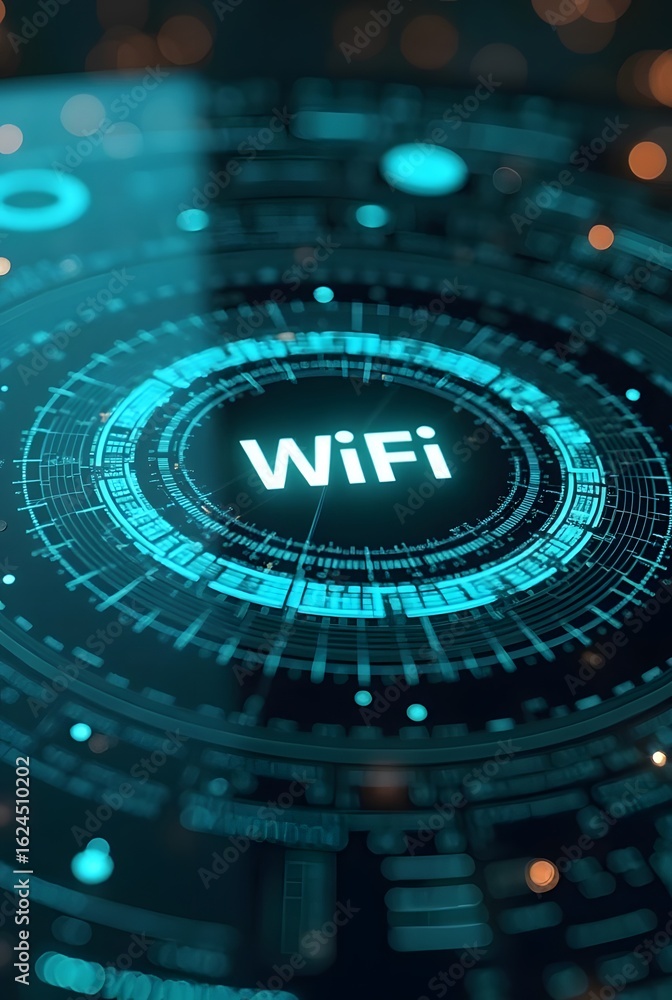 Poster abstract teal wifi connection interface design, vertical composition. its vibrant circular pattern c