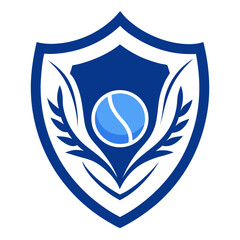 Collegiate Tennis Shield with Swoosh Motif and Blue Laurel Accents in Vector Style