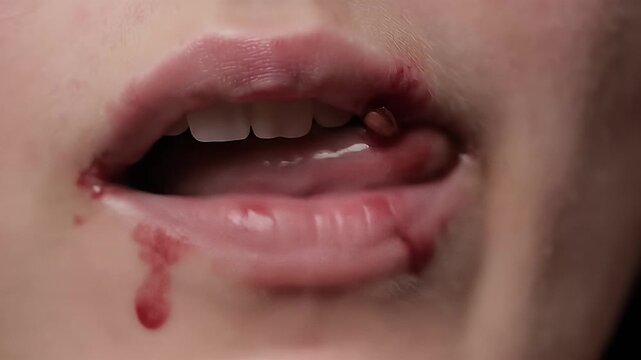 Dramatic Macro Slow Motion Study of Blood Drenched Lips Featuring Vivid Red Color and Visceral Texture for Intense Visual Storytelling Perfect for Horror and Vampire Themes Emphasizing Creepy Details