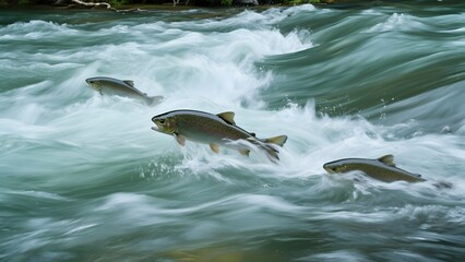 Salmon leaping upstream in a turbulent river