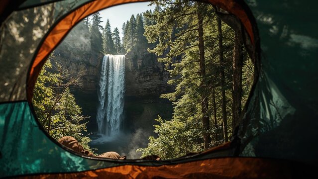 Waterfall scene as seen from inside a tent - Powered by Adobe