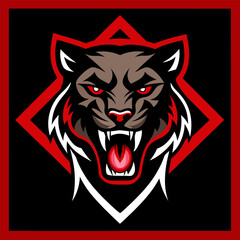 Fierce Panther Mascot with Bared Fangs and Layered Fur on Crimson-Black Backdrop