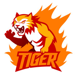 Dynamic Tiger Mascot with Fiery Mane, Bold Pose, and Jagged Text in Red-Orange Style