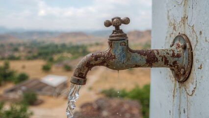 Corroded tap on rural plateau with blurred background symbolizing water shortage and usage