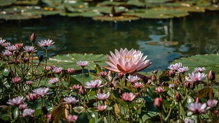 Fototapeta premium Blossoms and lily pads in a serene pond