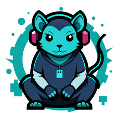 Cool Rat Gamer with Oversized Headset and Tech-Themed Background in Neon Teal