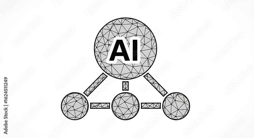 Poster ai network diagram with connected nodes and polygonal mesh on a white background illustration