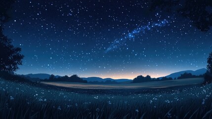 Fototapeta premium Starry night sky over a serene meadow landscape
