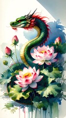 Chinese Watercolor Snake Dragon with Flowers and Gold Aura