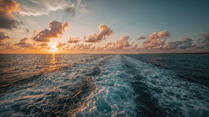 Ship's trail on ocean under a sunset with clouds