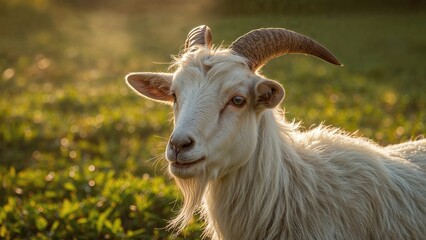 Fototapeta premium Symbol representing the 2027 Year of the Goat. Horned goat's head close-up with a backdrop of greenery and sunset illumination.