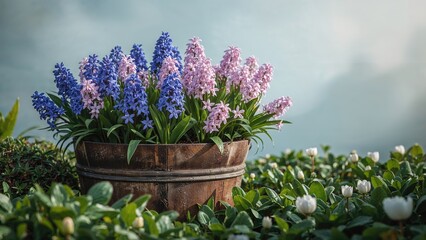 Bright Blue and Pink Hyacinth Flowers in a Rustic Wooden Box