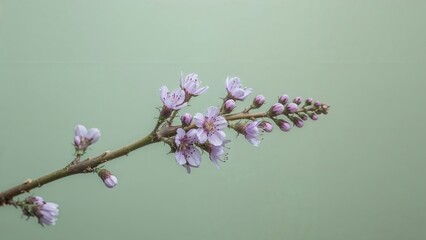 Macro image of a purple floral twig set on a green canvas