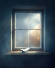 Serene window view, wooden frame with soft light illuminating a serene scene outside, evokes a sense of calm and reflection.