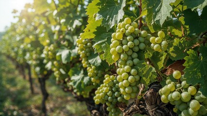 A thriving vine abundant with juicy green grapes in a garden setting