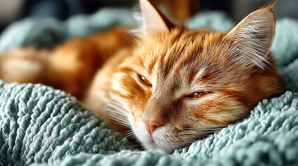Relaxed orange cat lounging on cozy blanket, fluffy fur, peaceful expression, ideal for cozy home or pet content.