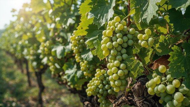 A thriving vine abundant with juicy green grapes in a garden setting