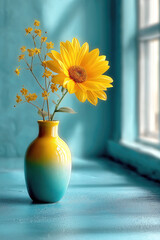 Vibrant sunflower in blue vase, bright yellow petals complementing teal background, cheerful decor for fresh ambiance.
