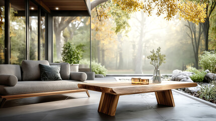 Cozy indoor lounge area, modern furniture with wooden table, plants by large windows, inviting atmosphere for relaxation.