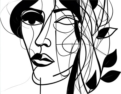 Abstract line art portrait of a woman's face, incorporating stylized floral elements