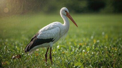 Fototapeta premium Natural beauty captured as a stork stands behind a netting on a summer day