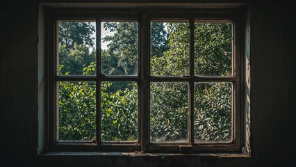 Fototapeta premium Aged Window Glass Reveals a Lush Garden Scene