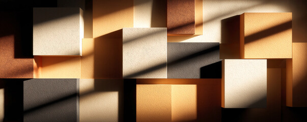 Abstract wooden block arrangement, warm lighting creating shadows, modern decor theme, ideal for minimalistic design concepts.