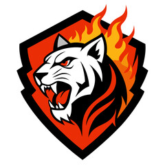 Roaring Tiger in Angular Badge with Flames and Heavy Black Fur Lines