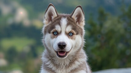 Obraz premium Close-up of a charming husky with striking blue eyes outside