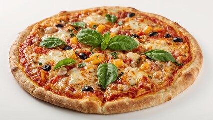 Vertical close-up view of a pizza garnished with vegetables