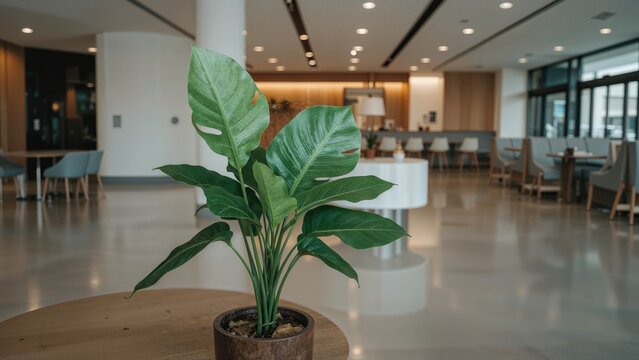 Portrait-style picture of a lightly colored, vibrant plant in a cafeteria interior