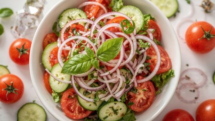 Mixed vegetable salad featuring tomatoes, cucumbers, onions, and zucchini