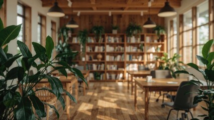 Obraz premium Blurred scene highlighting wooden book racks brimming with literature, lively indoor plants, and soothing natural illumination, generating an inspiring space for study and reading.