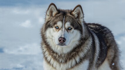 Obraz premium A vibrant dog known for its striking blue eyes and dense coat, with a wolfish look, portrayed during playful or serene moments.