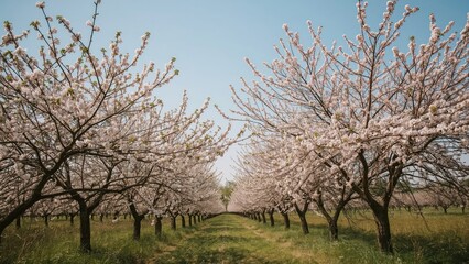 Obraz premium Scenic view of flowering trees and vibrant spring blooms under a bright sky