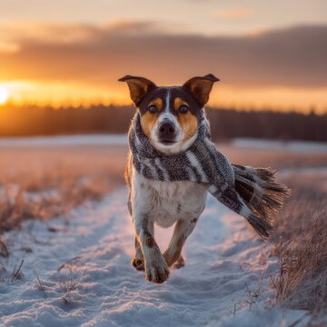 A dog with a knitted scarf trotting through a snowy field at sunset
