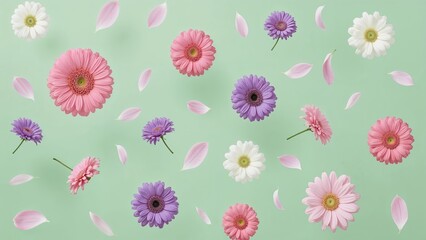 Delicate pink, violet, and white blossoms set against a soft green backdrop. Airborne spring flowers in gentle pastel tones. Floating gerberas, roses, calla lilies, and more in an airy composition.