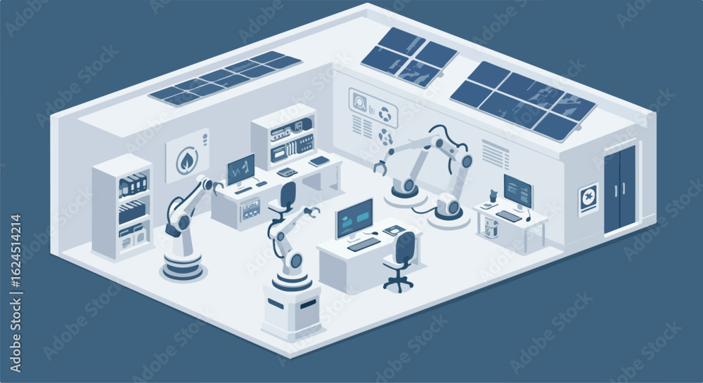 Poster robots working in a lab with solar panels. data displayed on computers in the background