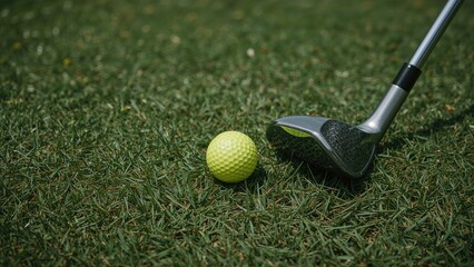 Beside a golf club, a yellow golf ball sits on a green field, representing a quiet and relaxing pause in the game.