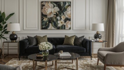 Experience a stylish modern living room with a luxurious black velvet couch and elegant furnishings, embodying contemporary grace.