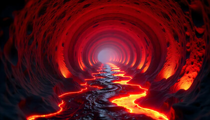 detailed lava tunnel, glowing molten rock, dramatic red and orange lighting, cavernous chamber, flowing magma river, ominous atmosphere, geological wonder, natural geological formation, 4K image