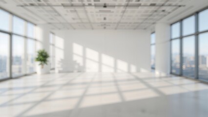 Blurred spacious room with modern decor and natural light streaming through a large window, soft interior background for promotional purposes. Empty hall space. Lounge area, wellness facility