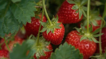 Zoomed-in perspective of fresh strawberries surrounded by a softly blurred leafy setting, great for use in nature or gastronomy artwork.