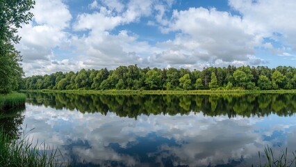Fototapeta premium Tranquil waters mirror rich woodland, where bright greens meet a pale blue sky dotted with clouds, crafting a peaceful nature view.