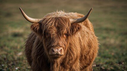 Close-up image of a large-horned purebred cow in a highland setting during a sunny autumn morning with a dark atmosphere. The animal is sharply focused while the background remains blurred.