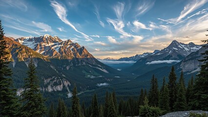Obraz premium A magnificent mountainous panorama with icy peaks, rich green valleys, and soaring evergreens under a vivid blue sky adorned with thin clouds.