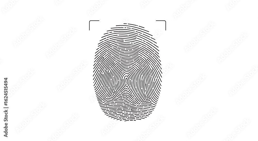 Poster a detailed fingerprint pattern with scanning brackets on a clean white background illustration style