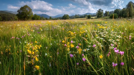 Obraz premium Springtime meadow bursting color natural afternoon lighting highlighting flower details and grass texture panoramic wide angle view with distant trees and hills